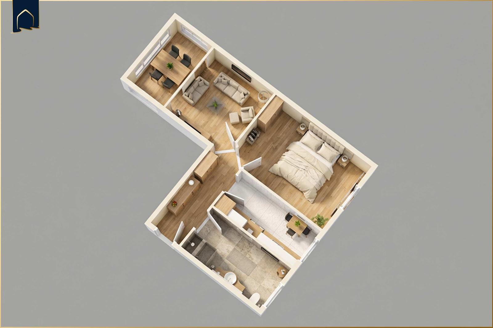 Dieses Apartment hat eine Küche, ein Schlafzimmer, ein Wohnzimmer und ein Bad.