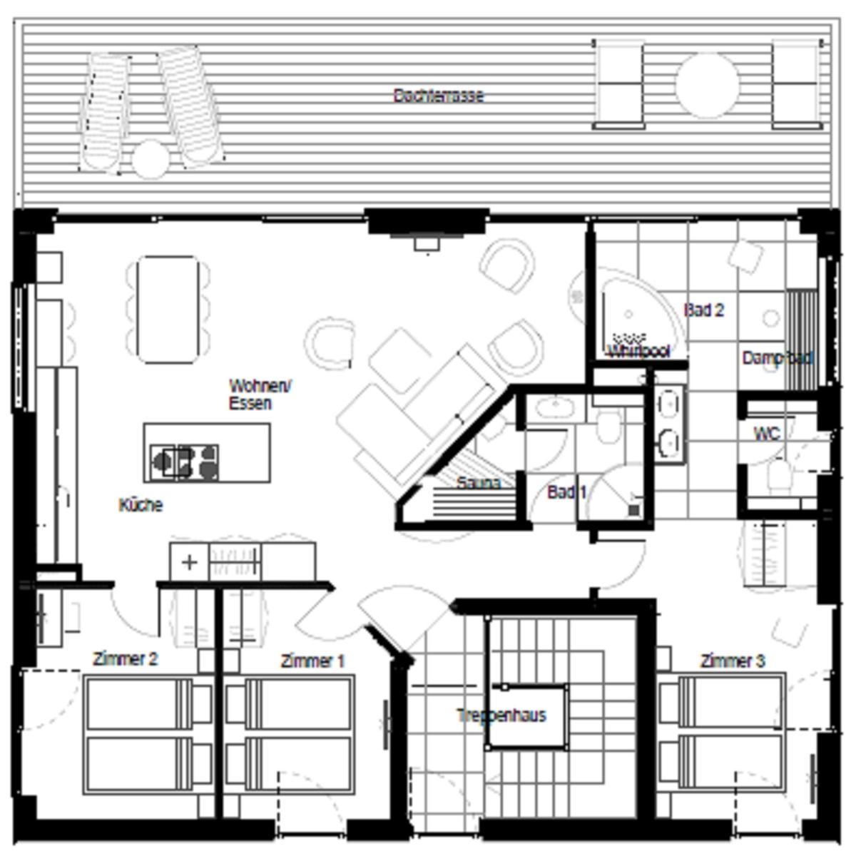 Dieses Haus hat drei Schlafzimmer, Küche, Wohnbereich und Sauna.