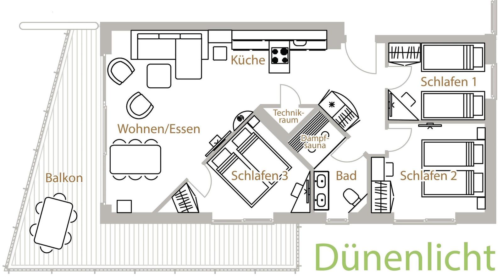 Wohnung mit drei Schlafzimmern, Küche, Sauna und Balkon.