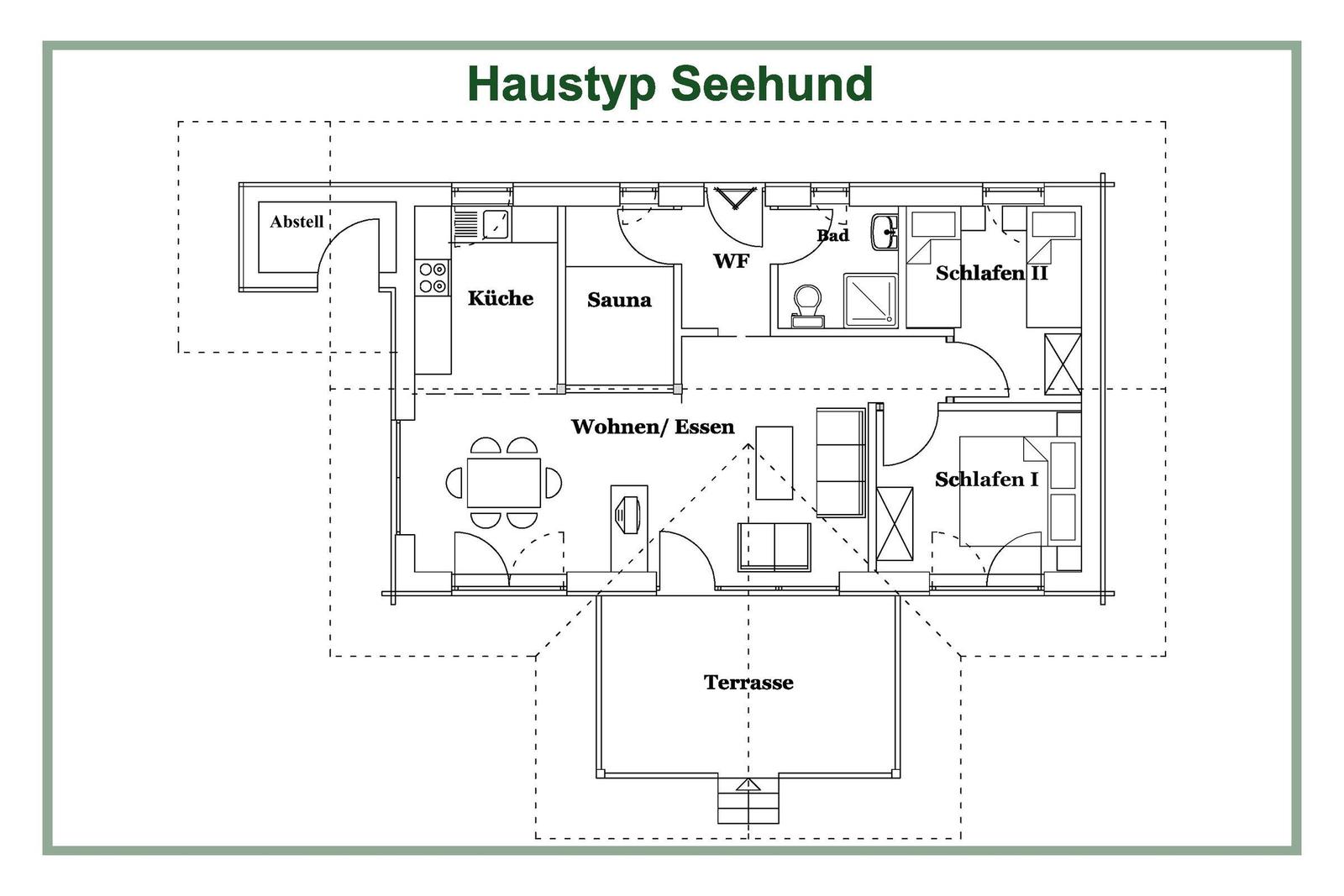 Haustyp Seehund: Wohnen, Küche, Sauna, Bad, zwei Schlafzimmer und Terrasse.