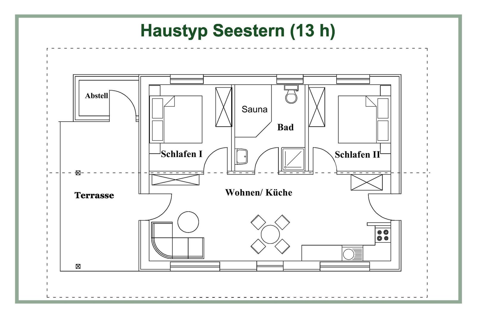 Dieses Haus hat zwei Schlafzimmer, eine Sauna, ein Bad und eine Terrasse.