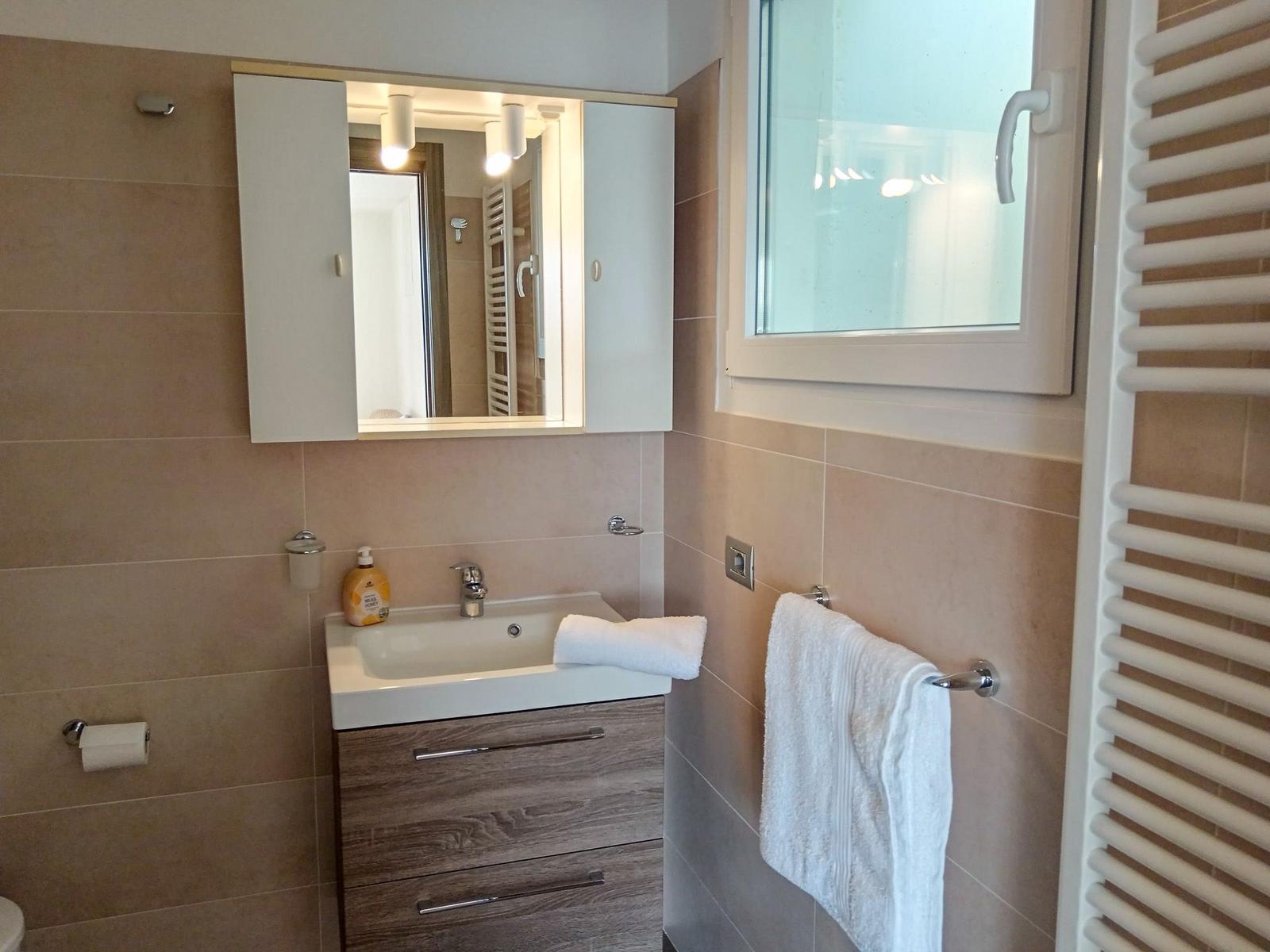Badezimmer mit Waschbecken, Spiegelschrank, Fenster und Handtuchhalter.