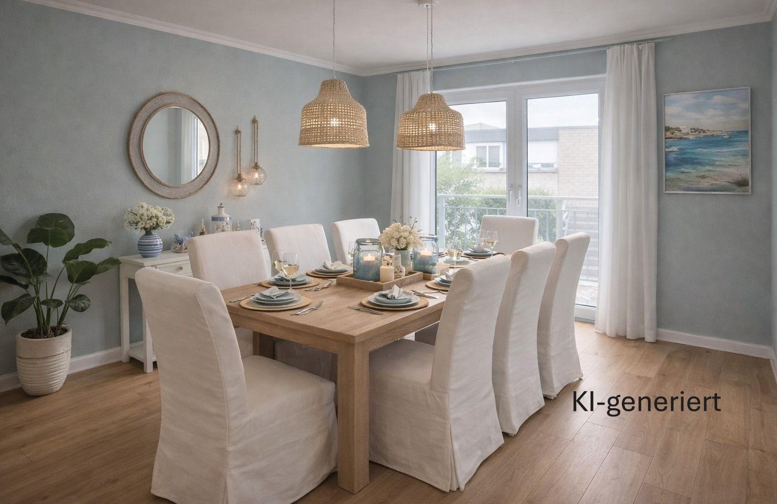 Esszimmer mit Holztisch, sechs Stühlen und Blick auf Balkon.