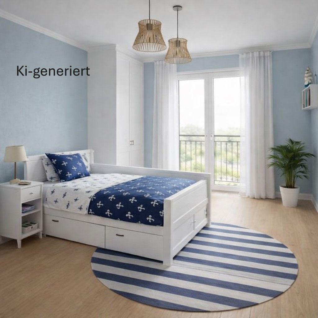 Schlafzimmer mit weißem Bett, blau-weißem Teppich und Fenster zur Terrasse.