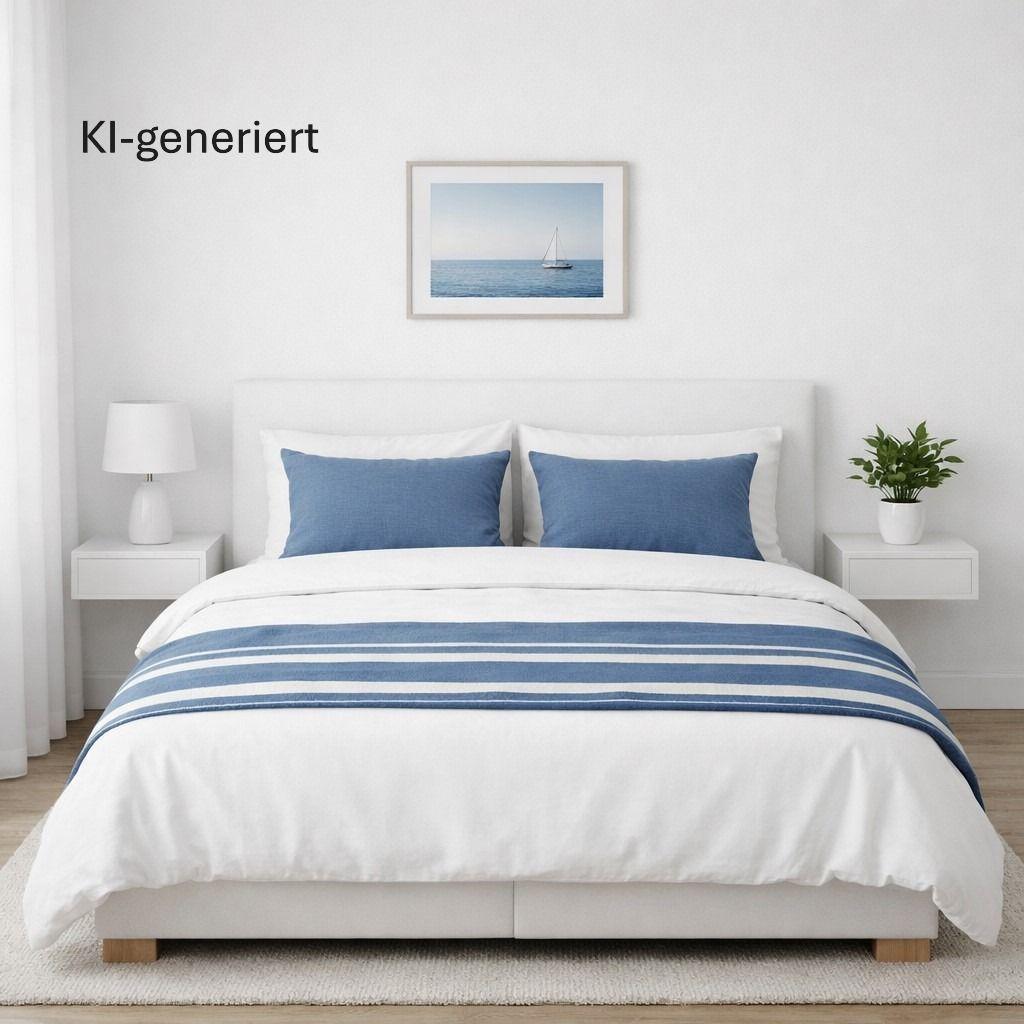 Schlafzimmer mit weißem Bett, blauen Kissen und Wandbild mit Segelyacht.