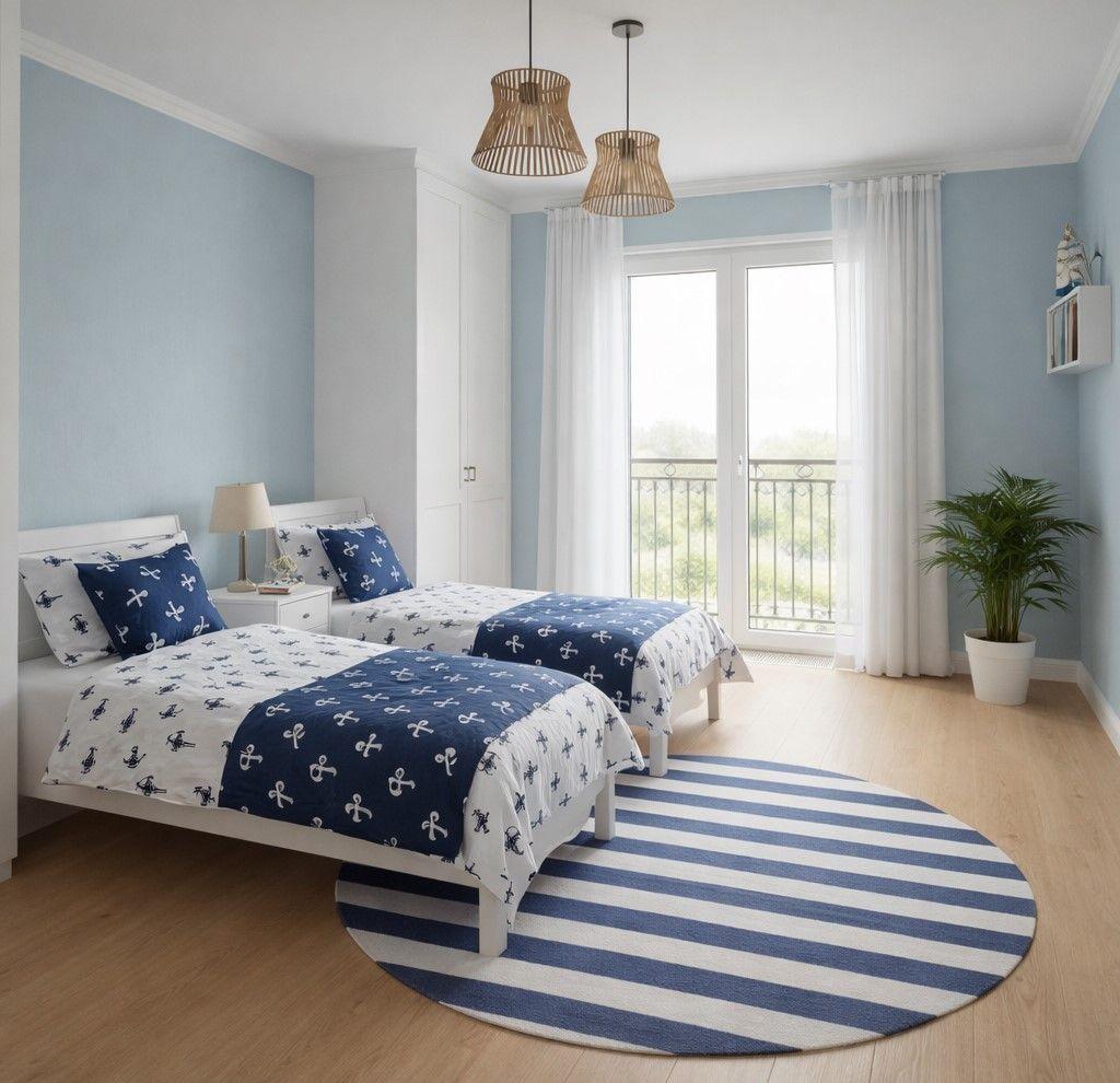 Zwei Betten mit Ankern-Muster, blauer Teppich, weiße Wände und Balkon mit Blick.