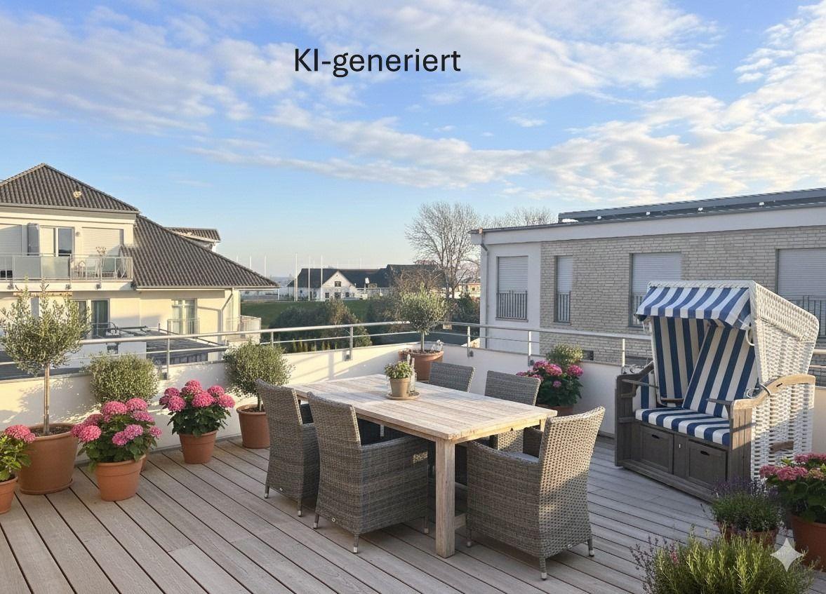 Terrasse mit Tisch, Stühlen und Strandkorb. Pflanzen und Blick auf Wohnhäuser.