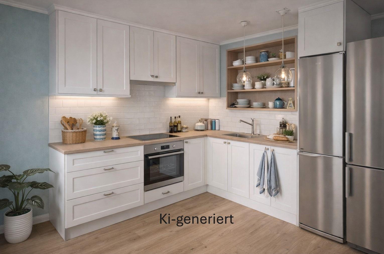 Küche mit weißen Schränken, Edelstahl-Kühlgerät und Holzoberflächen.