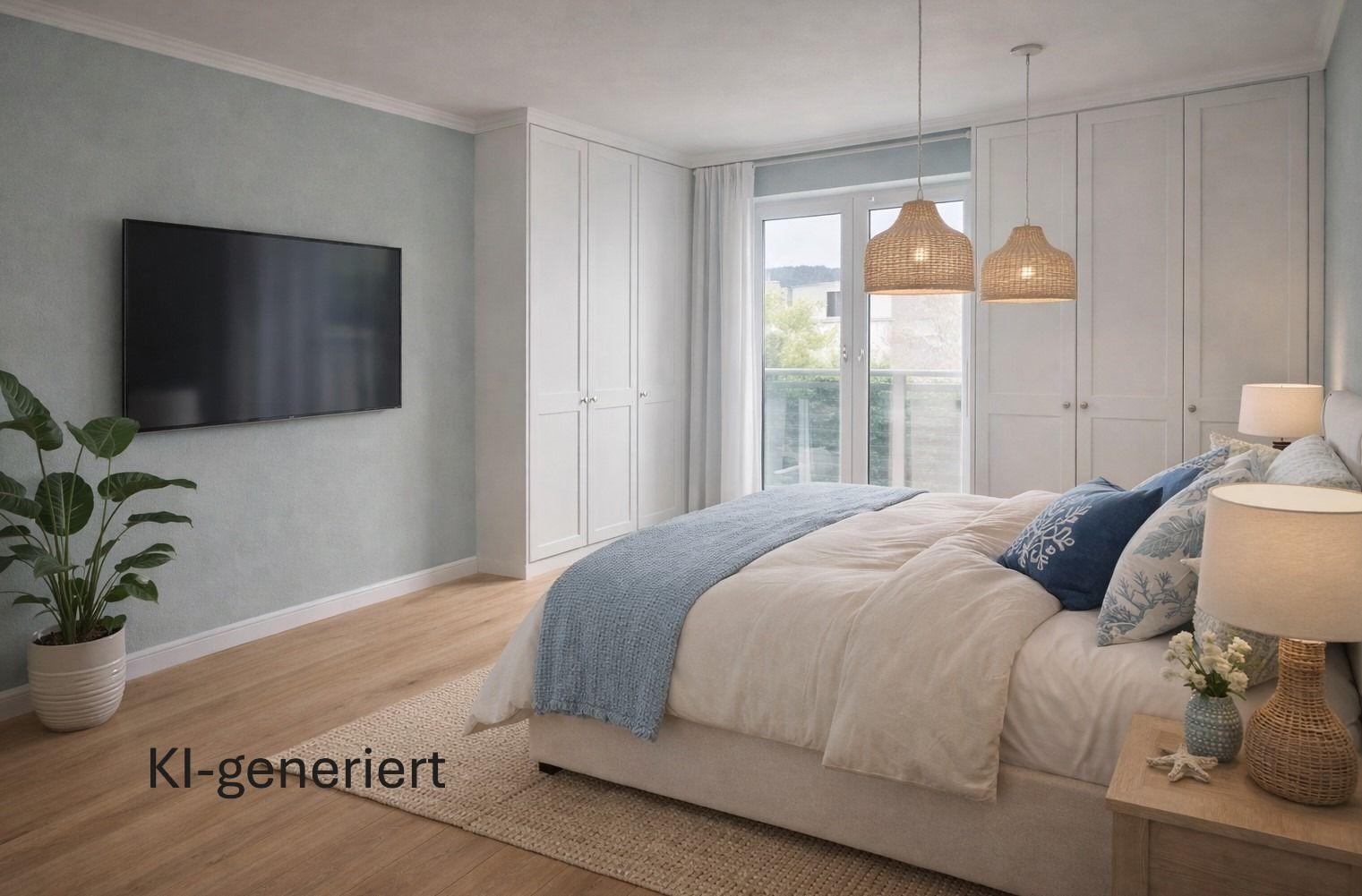 Schlafzimmer mit Bett, Kleiderschränken und TV an der Wand. Fenster mit Blick auf Balkon.