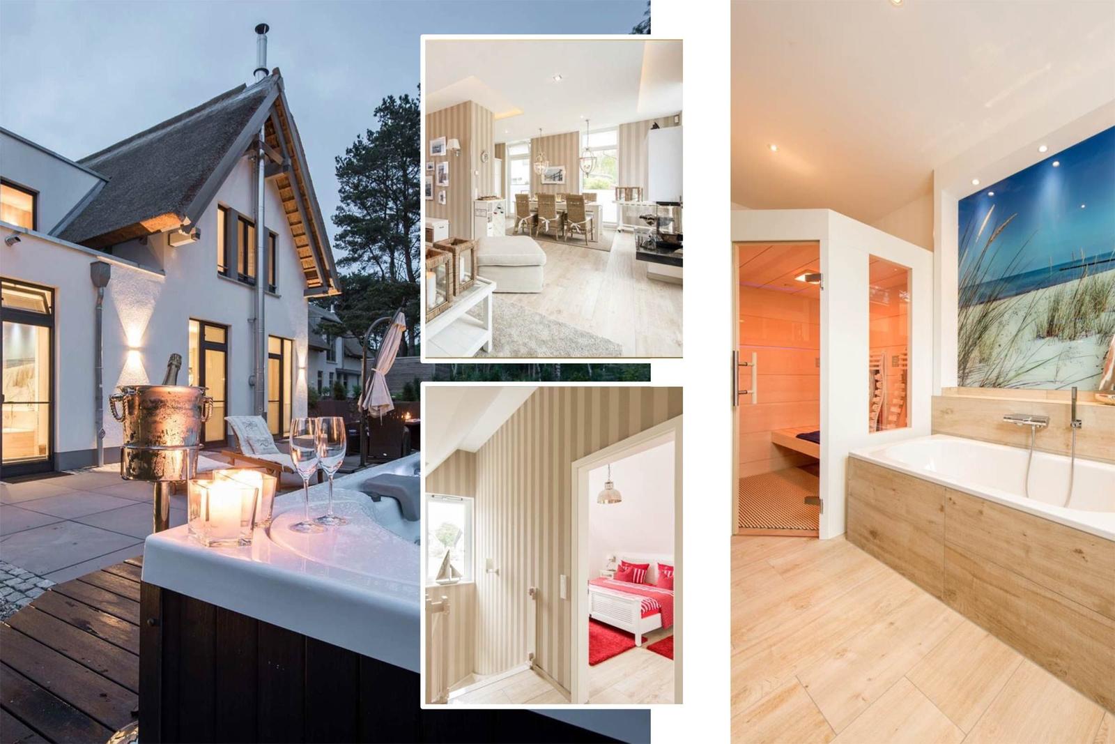 Wohnung mit Sauna, Badewanne und Terrasse mit Whirlpool.