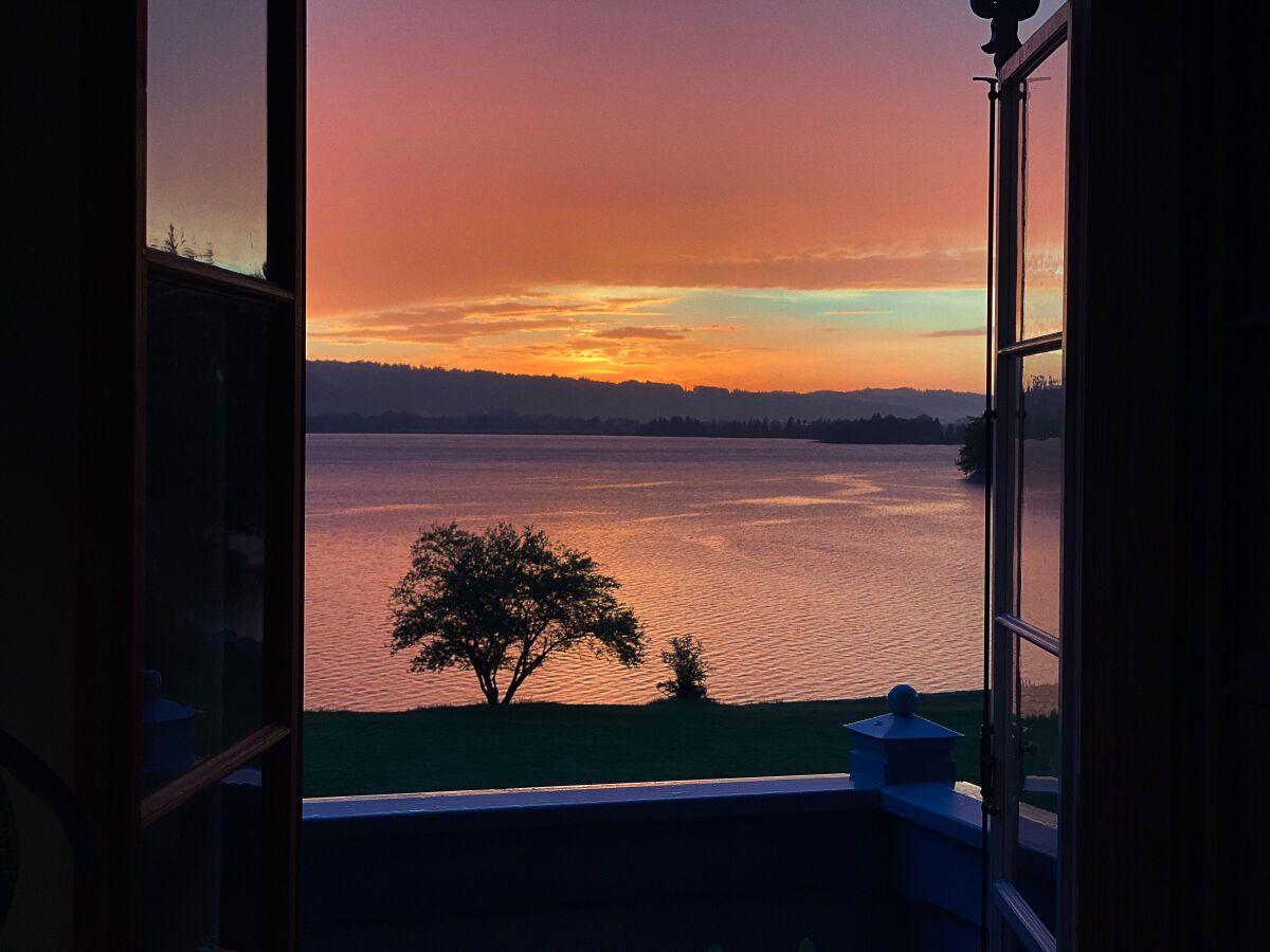 Von der Terrasse aus bietet sich ein Blick auf einen See bei Sonnenuntergang mit einem einzelnen Baum.