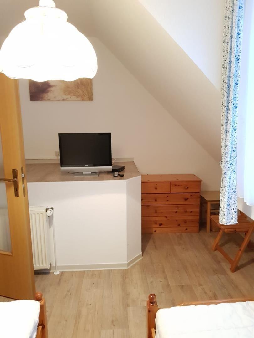Room with sloped ceiling, TV, wardrobe, and wooden floor.