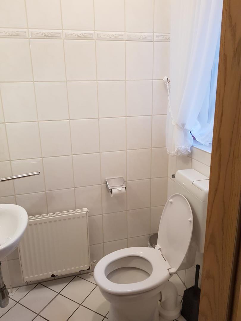 Bathroom with toilet, sink, and radiator on the wall.