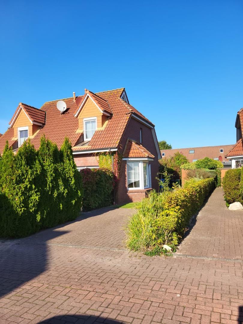 House with red tiled roof and paved path through green hedge