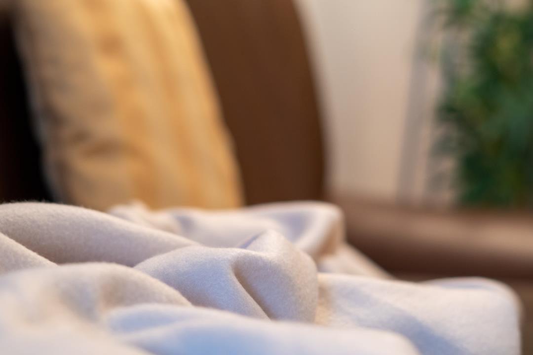 Weiche Decke liegt auf einem Sofa mit Kissen und Pflanze im Hintergrund.