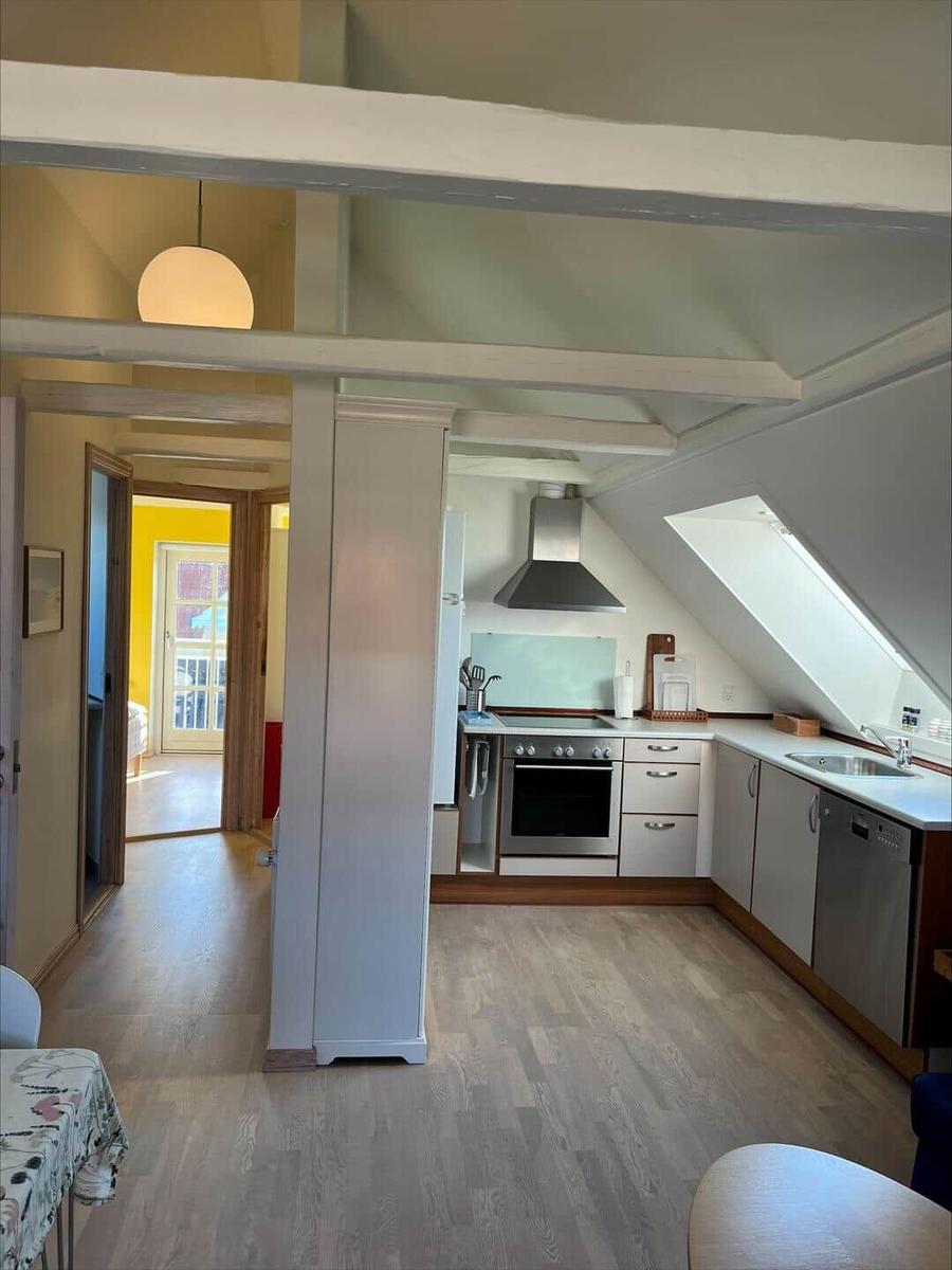 Kitchen with range hood, sink, and dishwasher under sloped roof