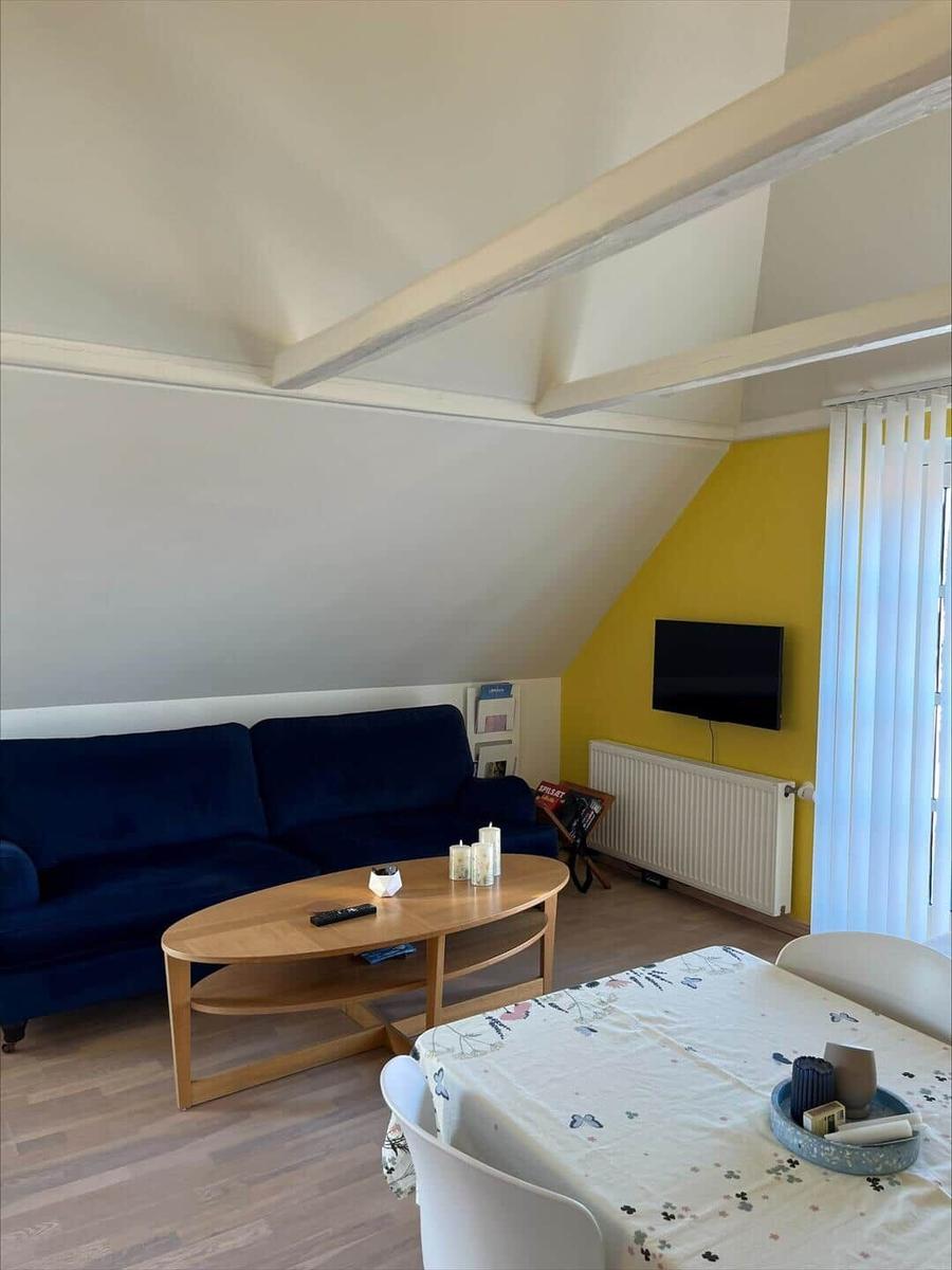 Living and dining area with sofa, dining table, and TV on yellow wall.