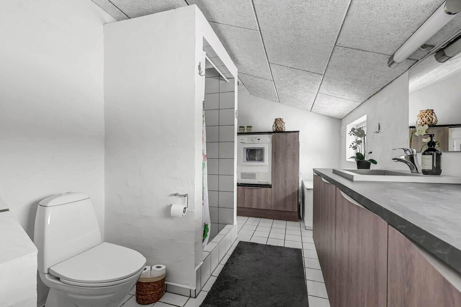 Bathroom with toilet, shower, and sink with mirror.