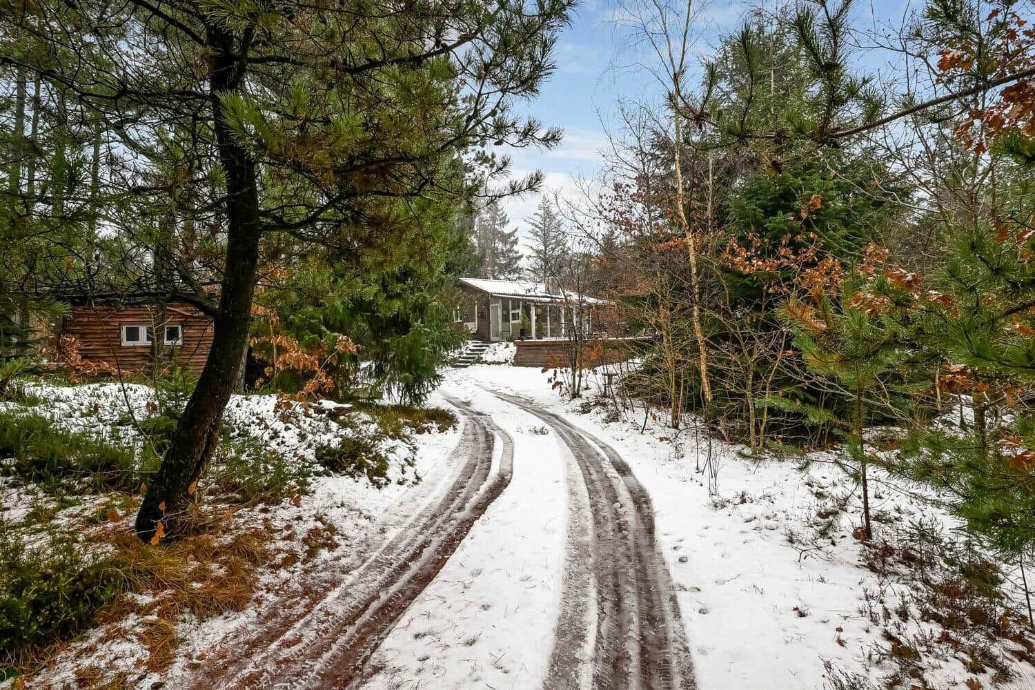Schneebedeckter Weg führt zu einem Holzhaus im Wald.