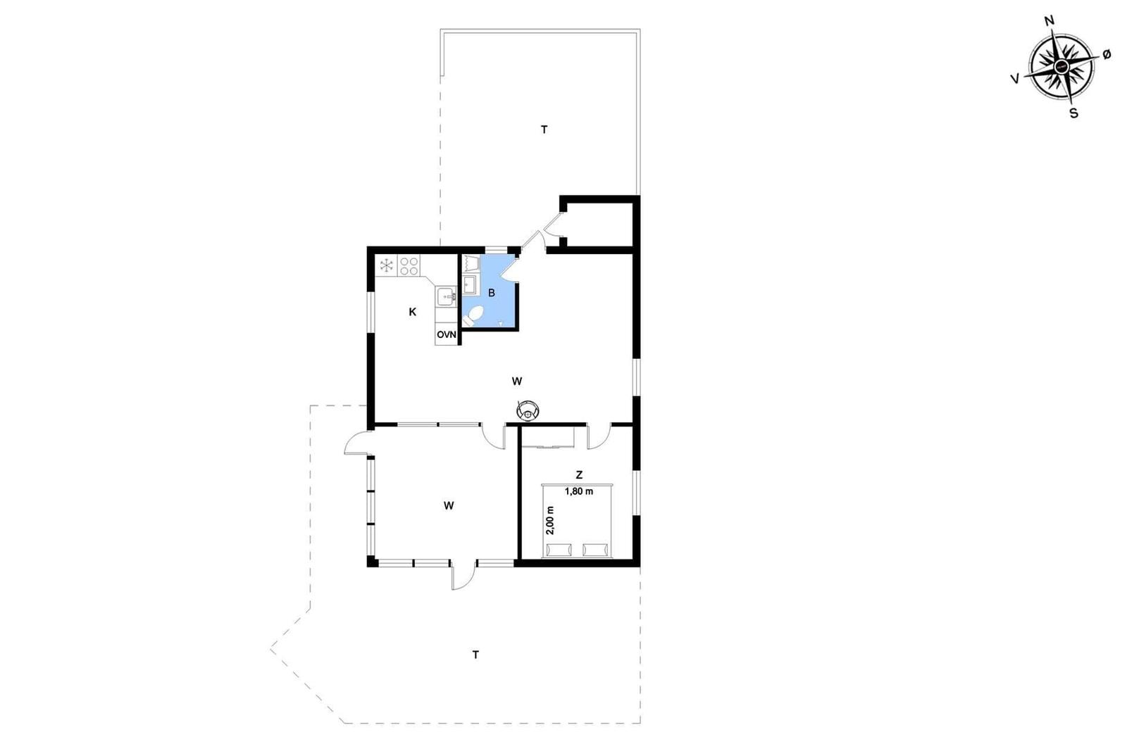 Wohnung mit Küche, Bad, Wohnzimmer und Schlafzimmer mit Maßen.