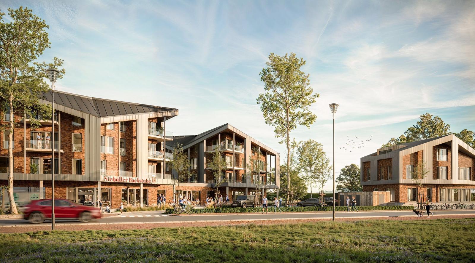 Moderne Wohnhäuser mit Balkonen und Grünflächen. Menschen gehen und fahren durch die Straße.