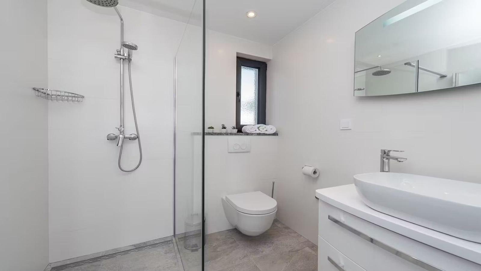 Modern bathroom with shower, toilet, and mirror