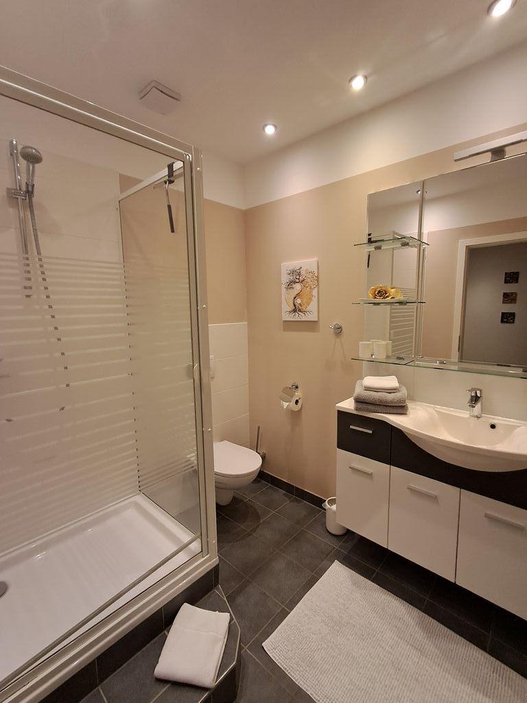 das Bad mit Dusche und Handtuchtrockner