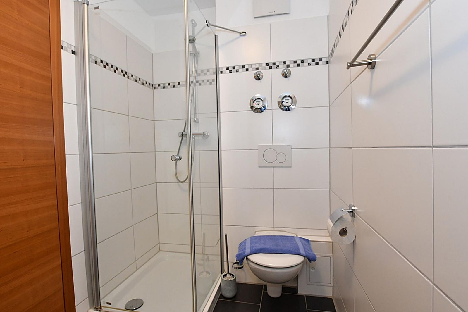 Duschbad mit Dusche, Toilette und Handtuch