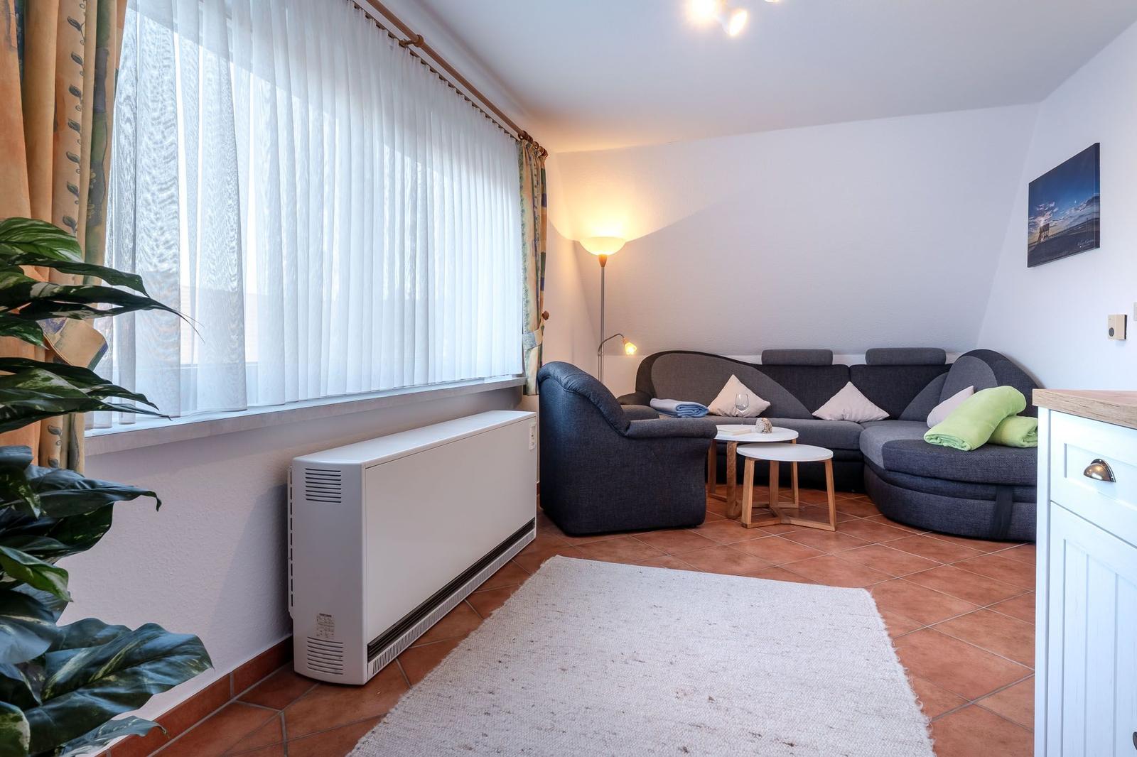 Wohnzimmer mit Sofa, Sessel, Tisch und Heizung an Fenster