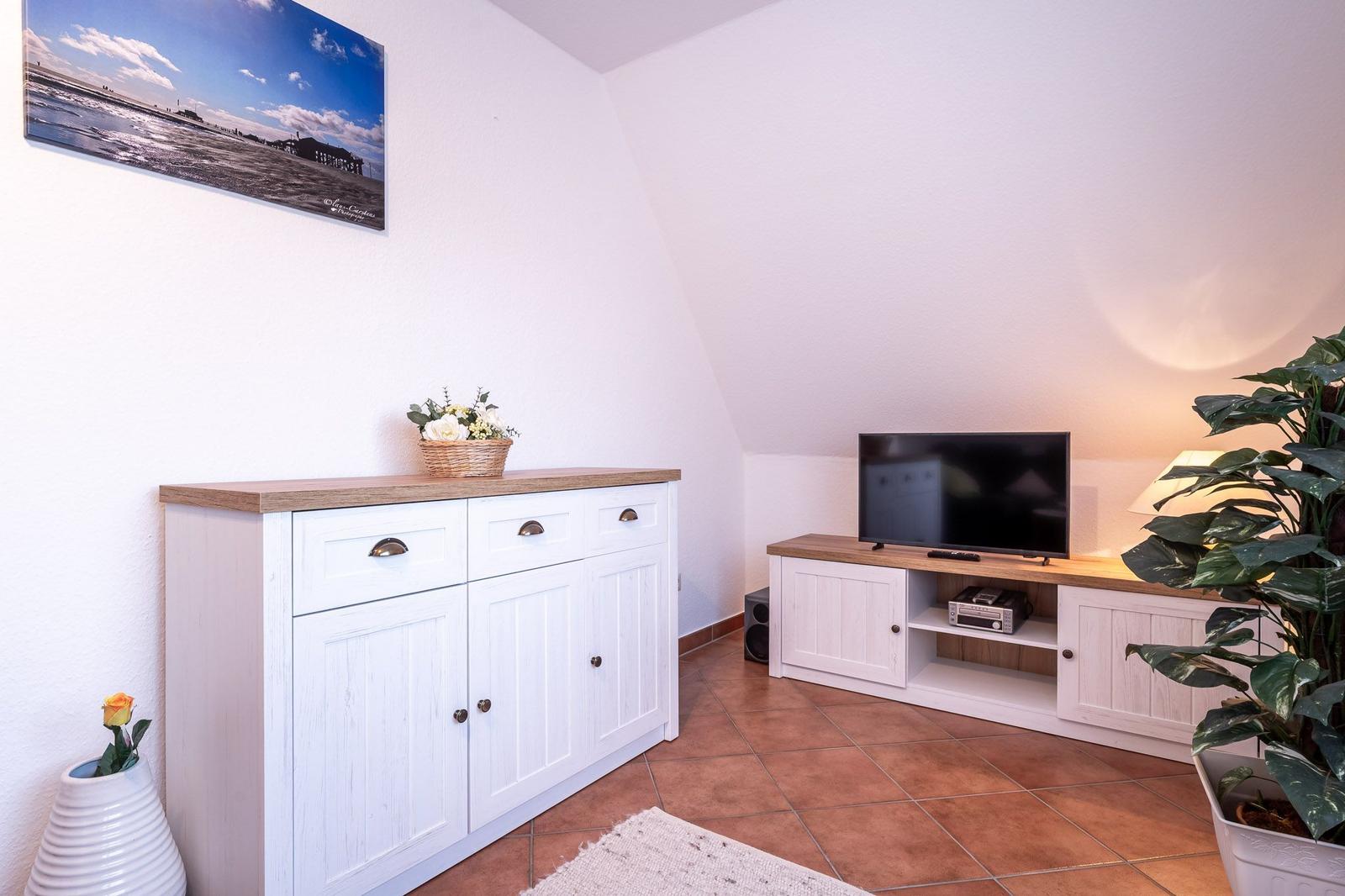 Wohnzimmer mit TV, Schrank und Pflanze. Wandbild zeigt Strand.