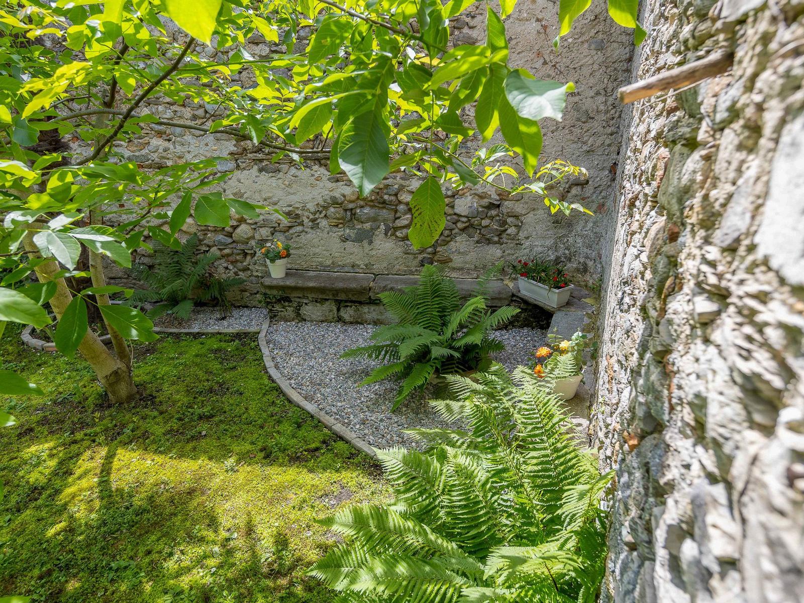 Steinmauer umgeben von Gras, Farnen und Blumenkübeln im Garten.