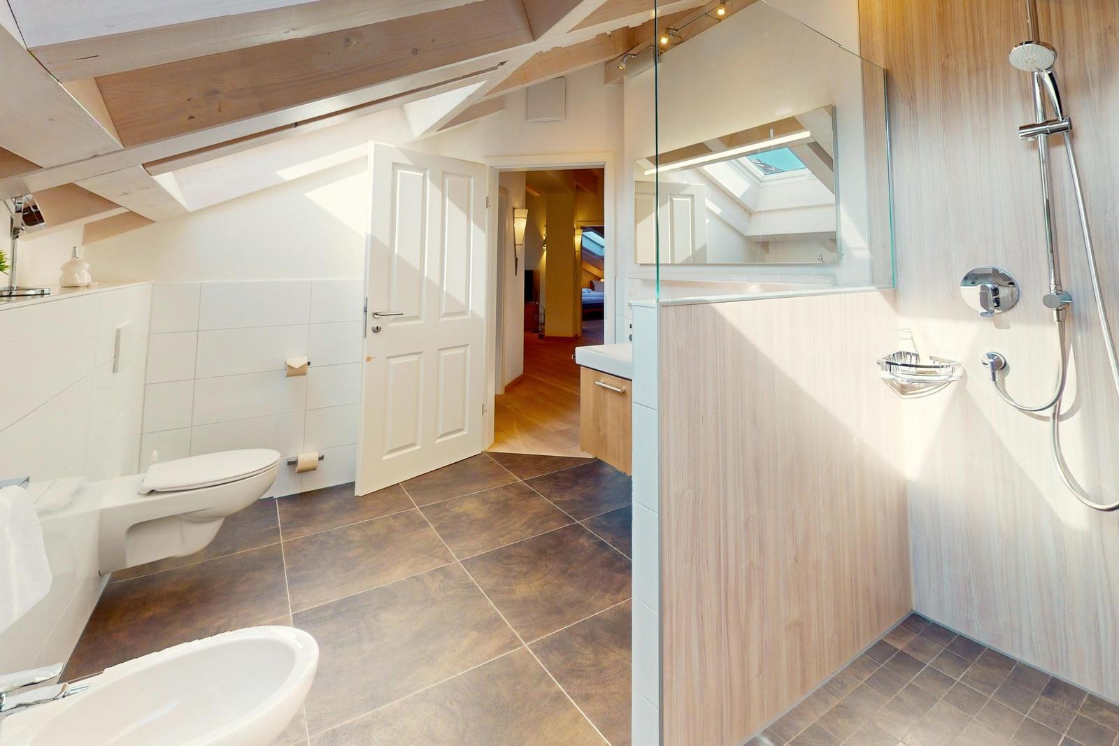 Badezimmer mit Dusche, WC und Waschbecken unter Holzdecke mit Dachfenster.