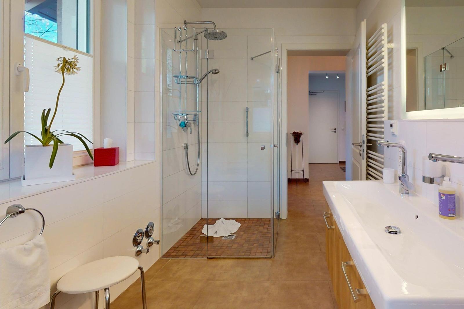 Badezimmer mit Dusche, Waschbecken und Fenster mit Pflanze.
