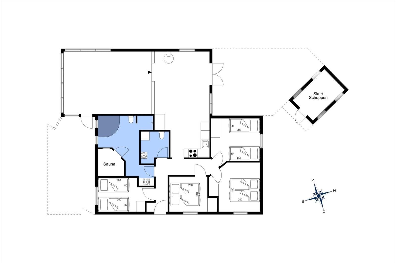 Apartment with sauna, kitchen, and several bedrooms.