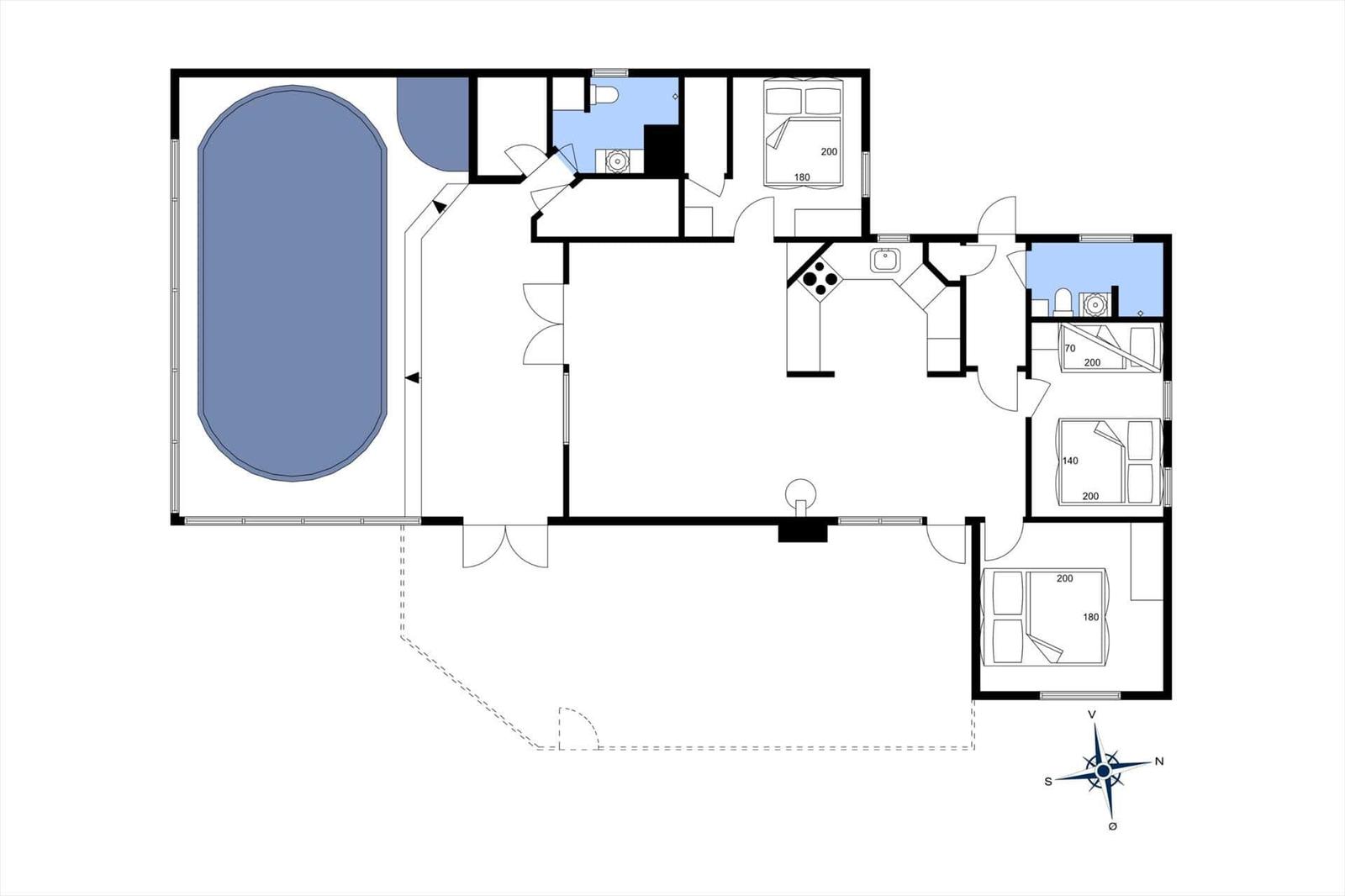 Large house with pool, kitchen, and multiple bedrooms.