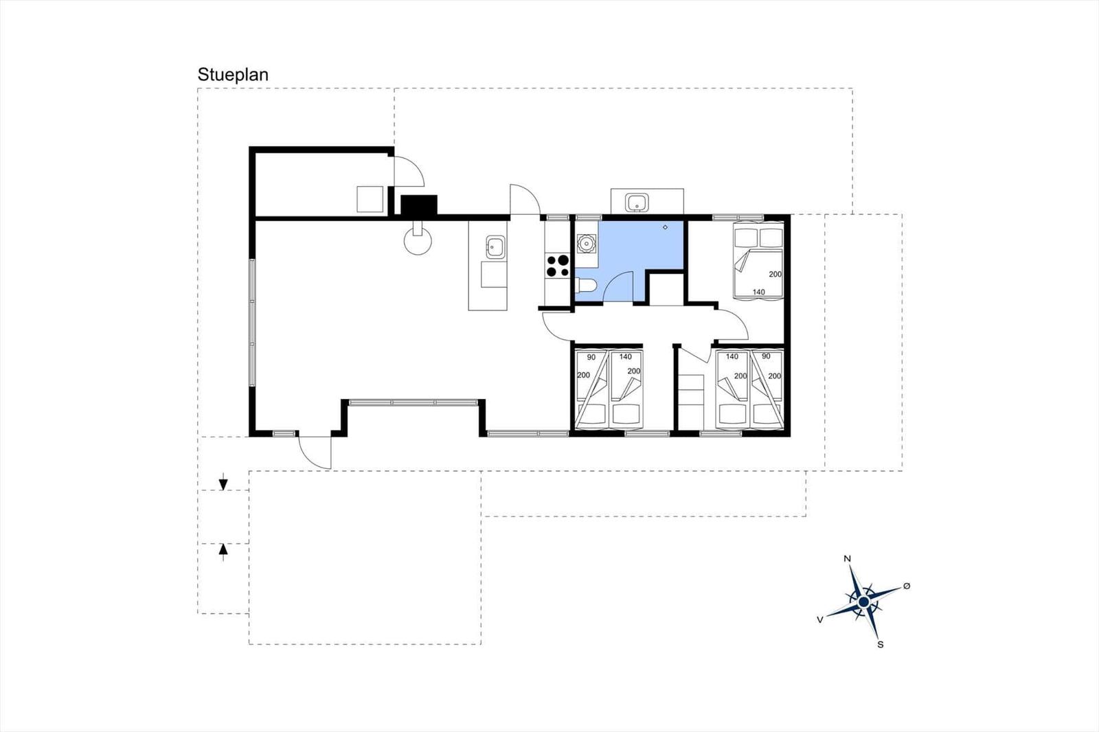 Stueplan zeigt Wohnraum, Küche, Bad und Schlafzimmer mit Matratzen.