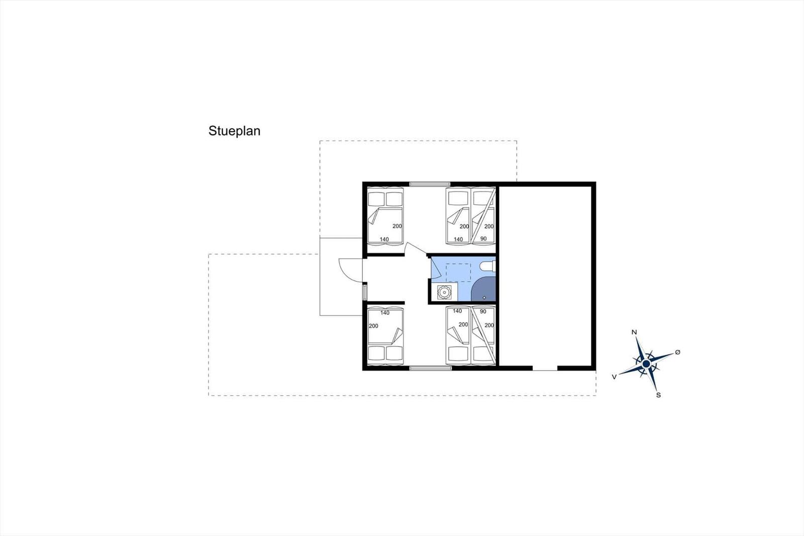 Stueplan zeigt vier Schlafzimmer und ein Bad mit Dusche.
