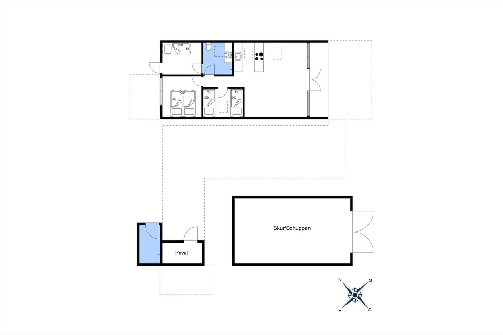 Wohnung mit drei Schlafzimmern, Küche und Bad. Privater Bereich und Schuppen.