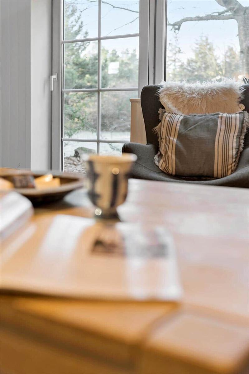 Ein Raum mit Sessel, Kissen und Fensterblick auf Wald.