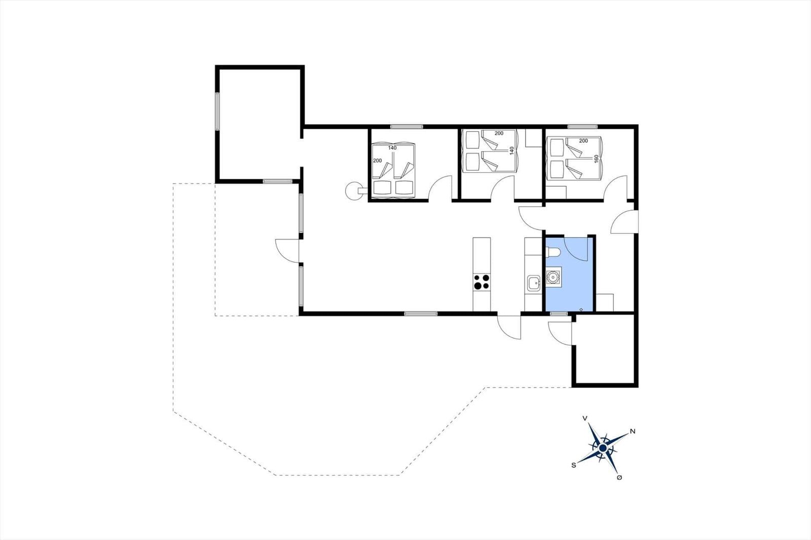 Wohnung mit drei Schlafzimmern, Küche und Bad. Grundriss mit Orientierung.