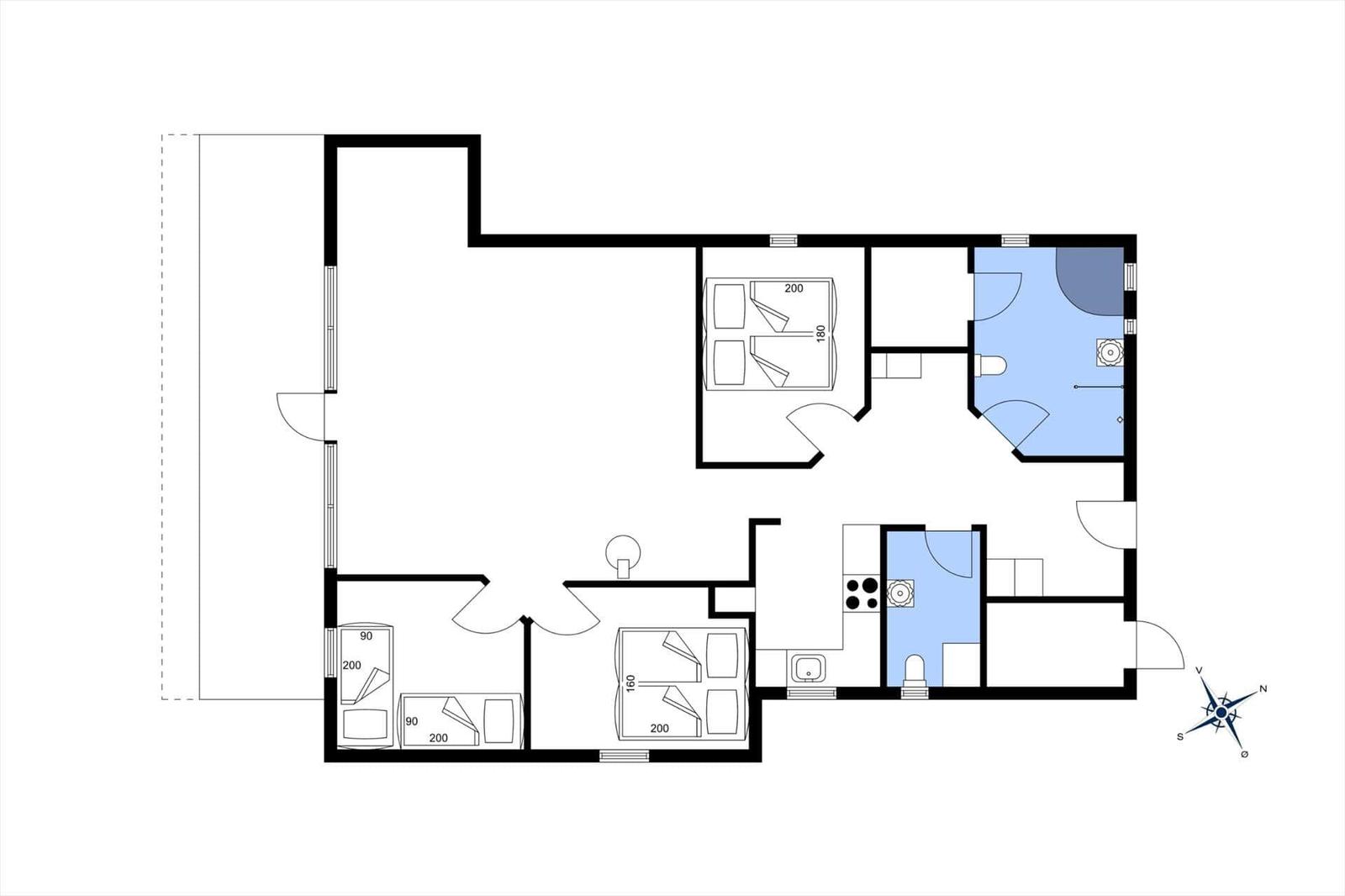 Dieses Apartment hat drei Schlafzimmer, eine Küche und ein Bad.