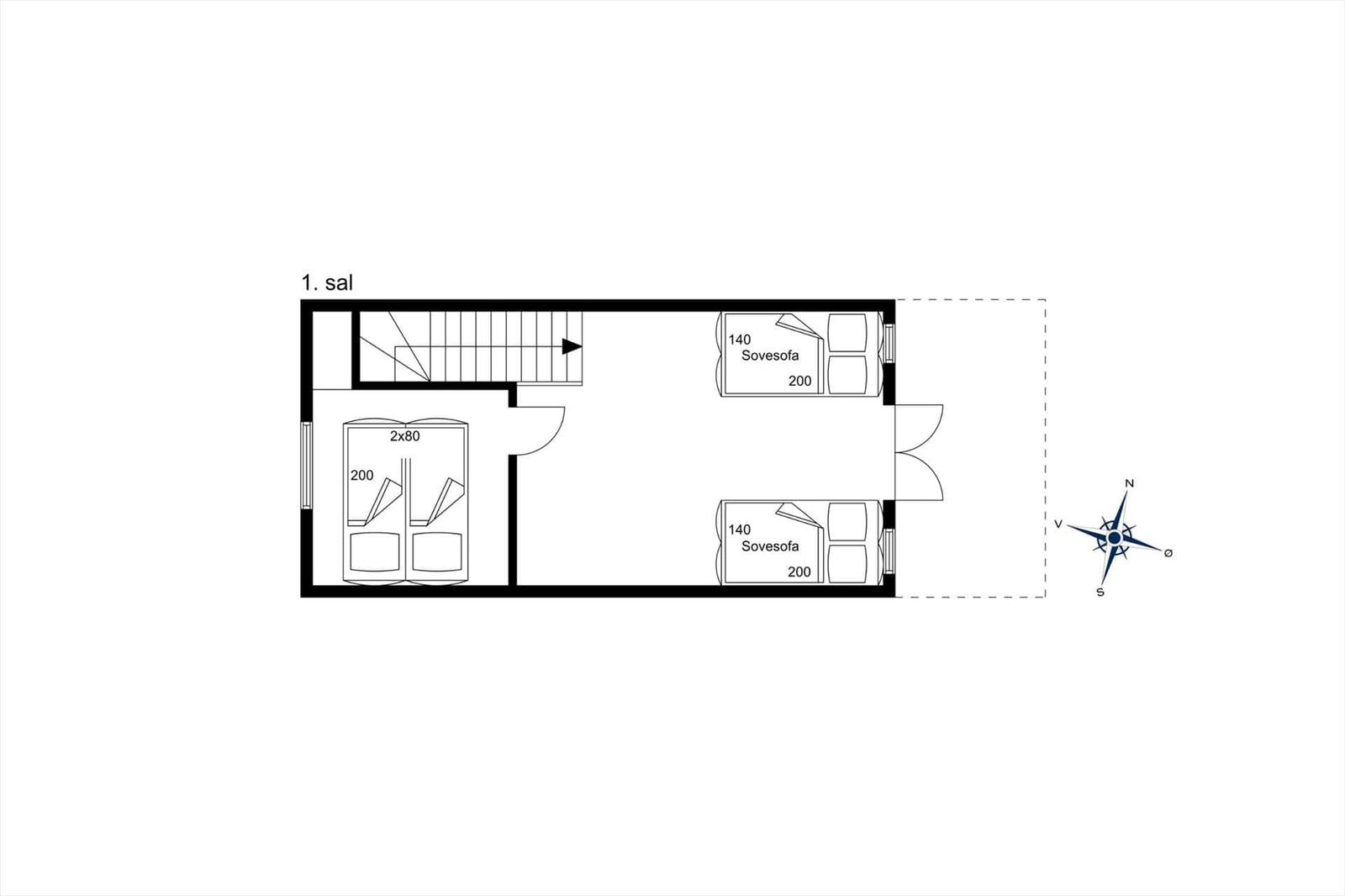 Erdgeschossplan mit zwei Schlafzimmern und einer Treppe.