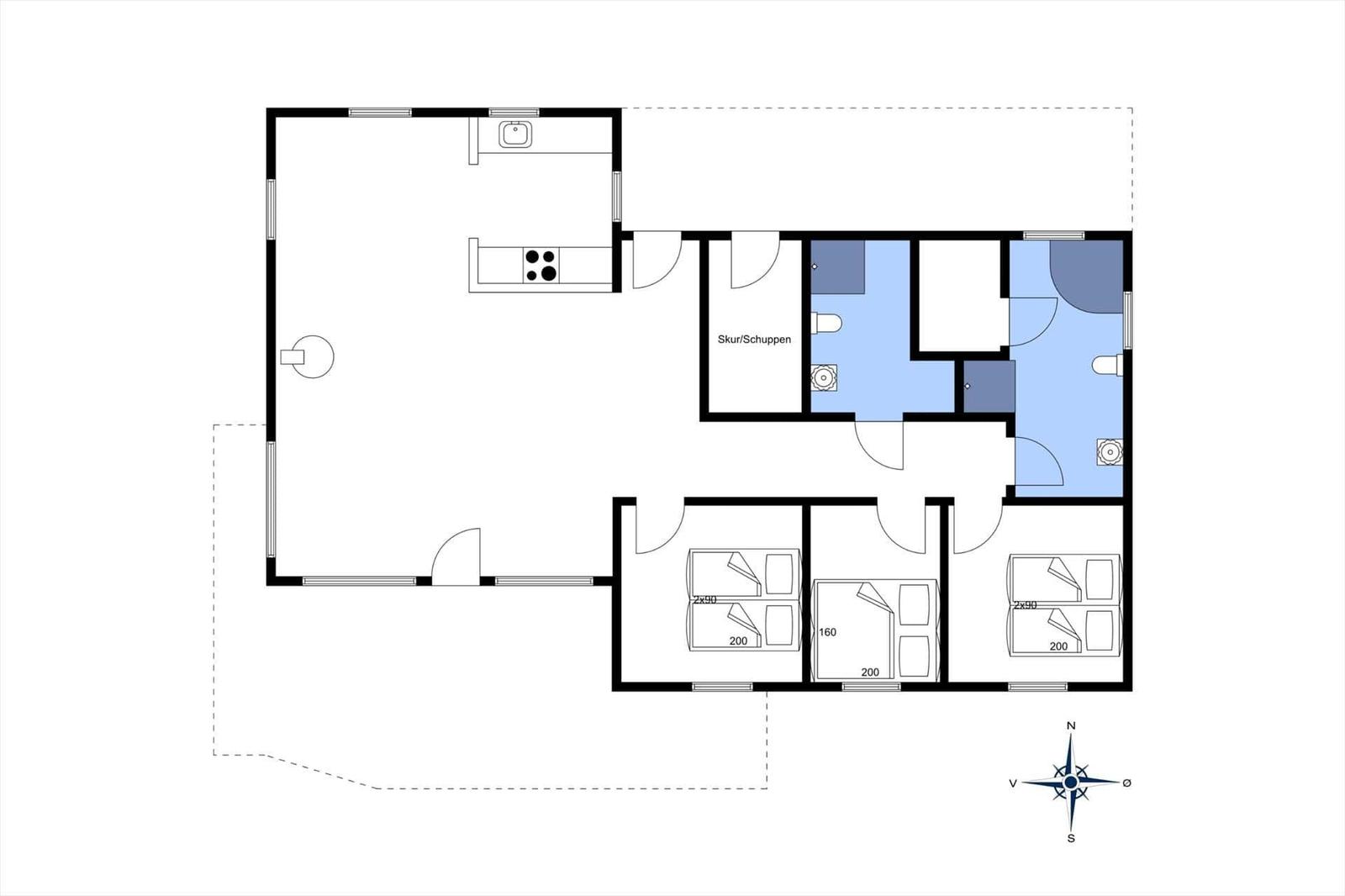 Wohnung mit drei Schlafzimmern, Küche und Bad. Skur/Schuppen vorhanden.