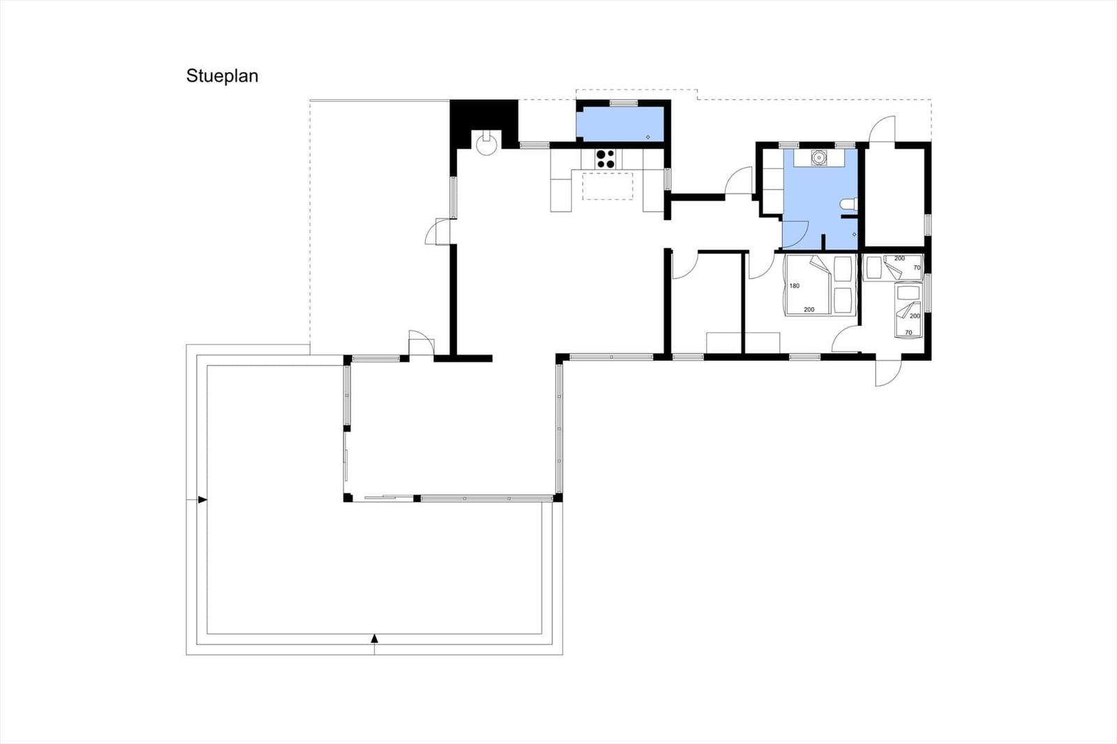 Stueplan zeigt Wohn- und Schlafzimmer, Küche und Bad mit Maßen.