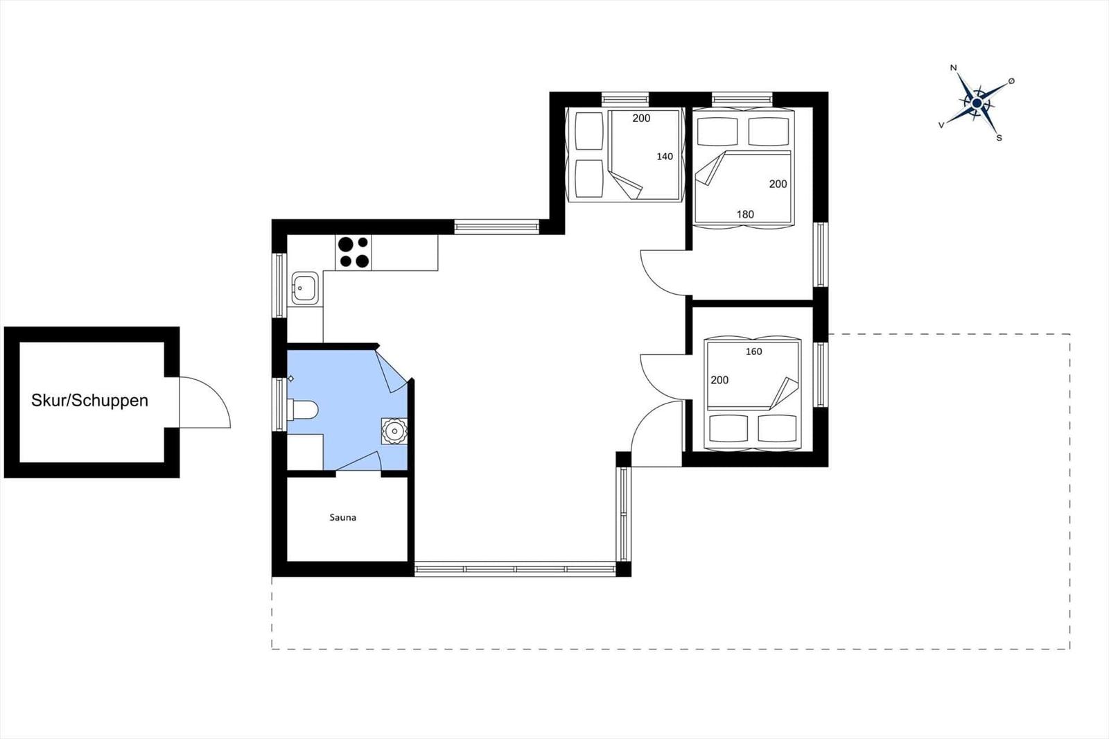 Funktionaler Grundriss mit Schlafzimmern, Sauna und Küche.