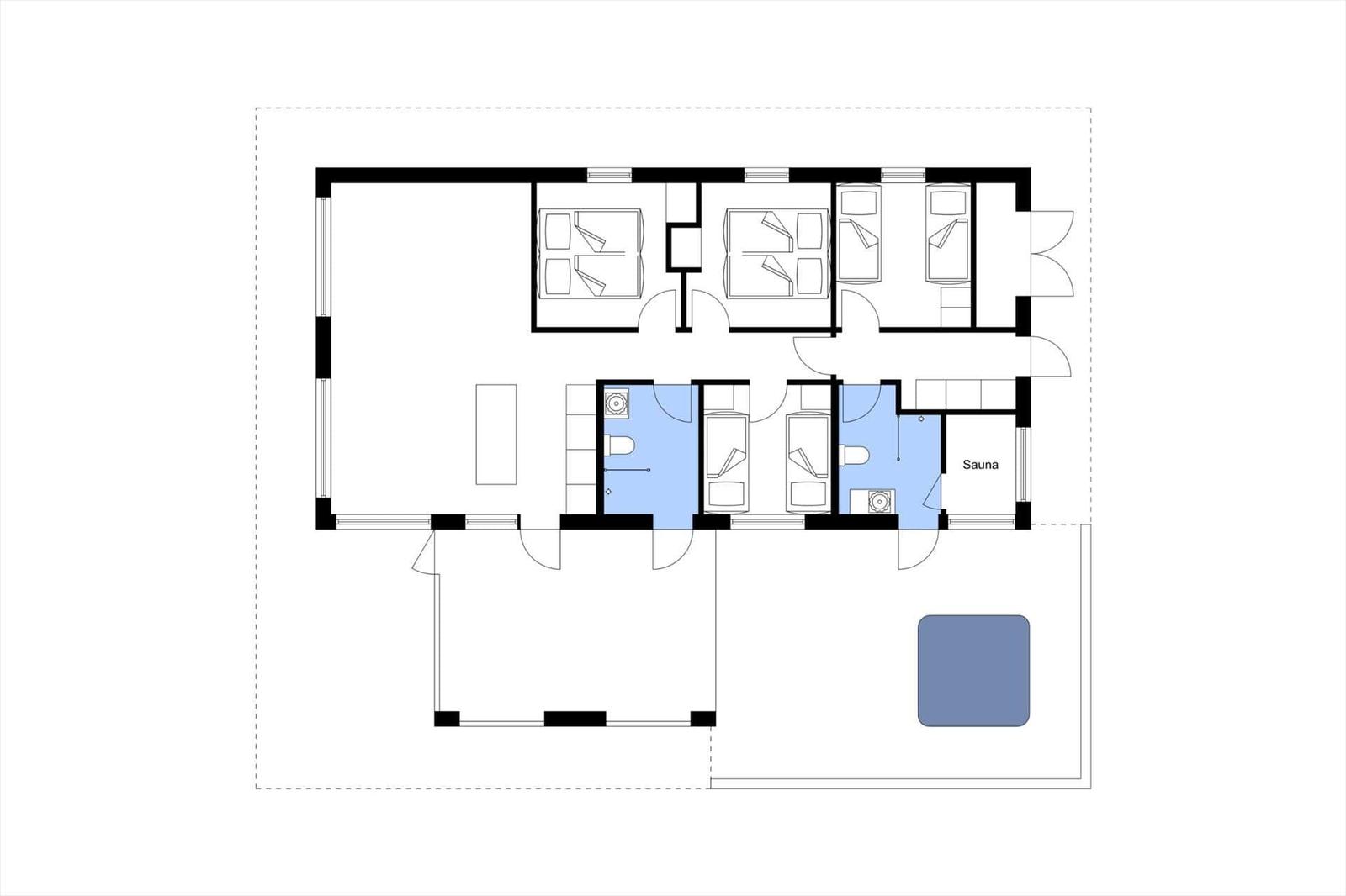 Dieses Haus hat drei Schlafzimmer, zwei Badezimmer und eine Sauna.