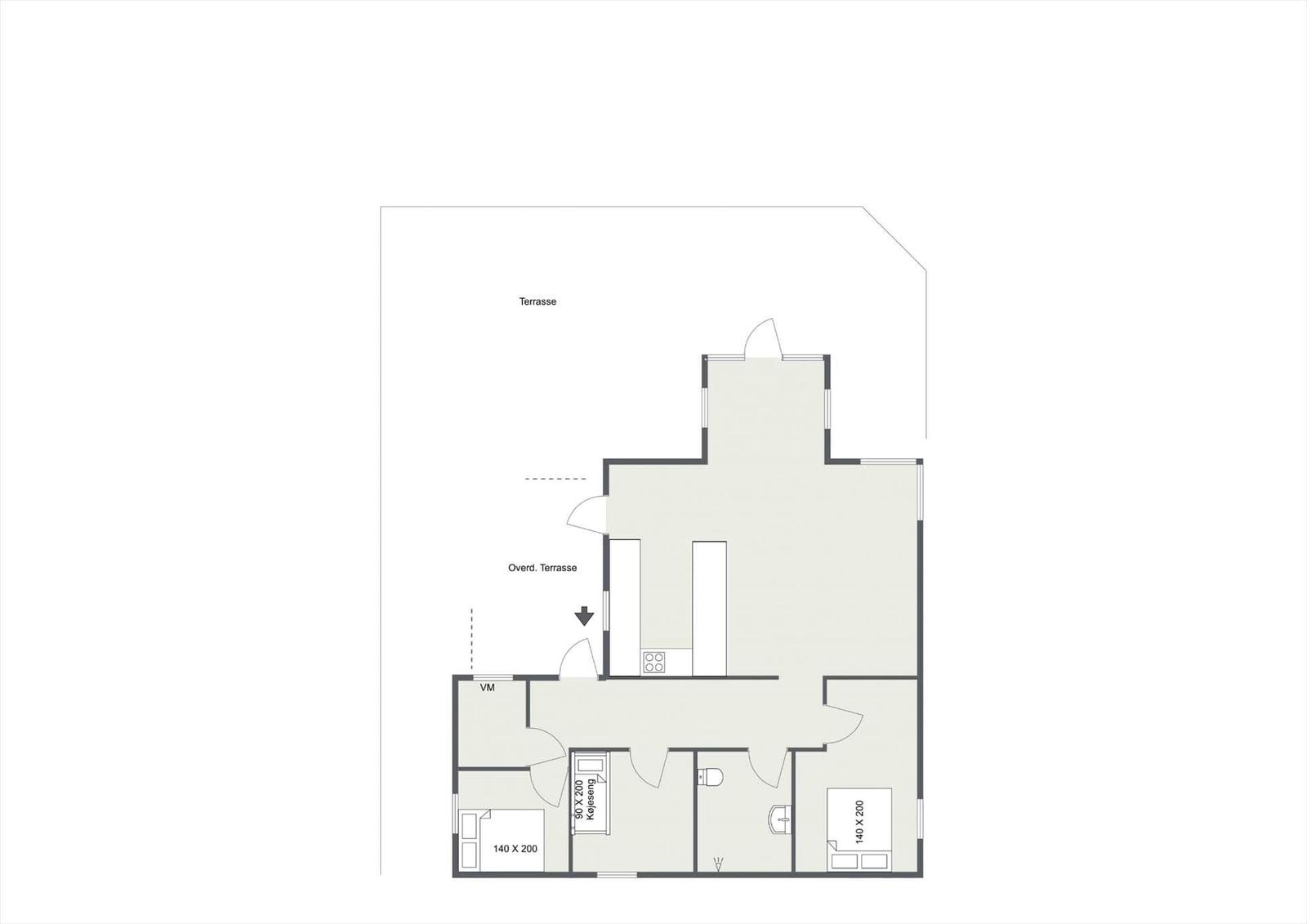 Apartment with two bedrooms, kitchen, and terrace. Hall leads to all rooms.