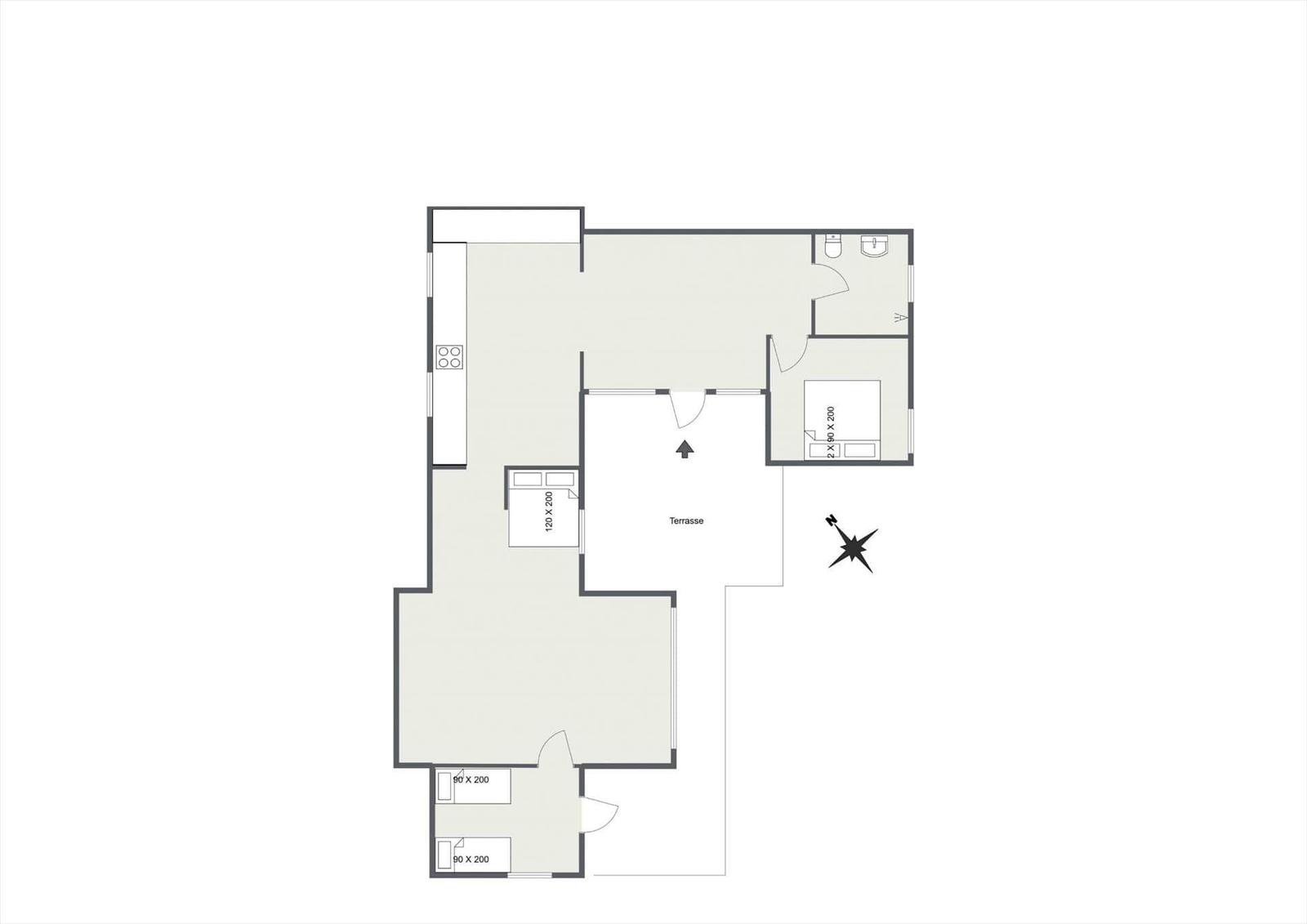 Apartment with kitchen, bedrooms, bathroom, and terrace. Hall with stairs.