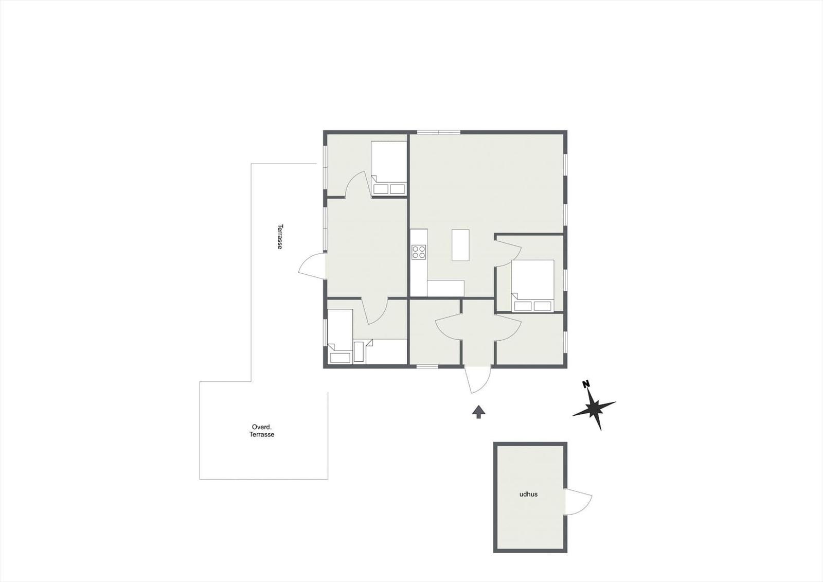 Apartment with kitchen, bedrooms, and terrace. Outdoor area with covered terrace and shed.