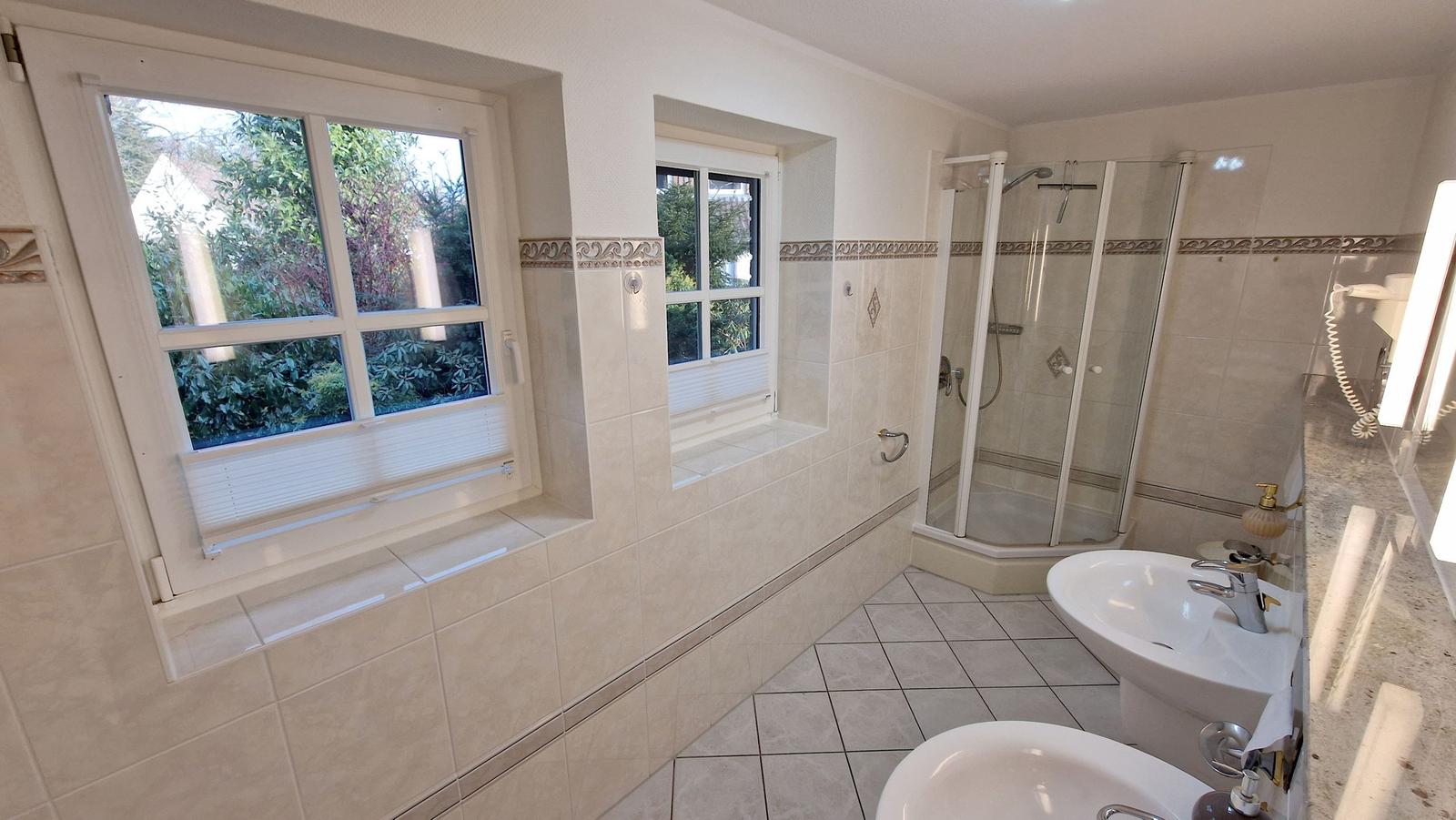 Badezimmer mit Dusche, Waschbecken und Fenstern zur Außenseite.